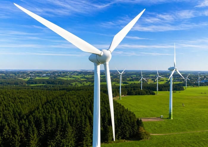 Parc eolien industriel avec plusieurs eoliennes implantees dans un paysage rural verdoyant